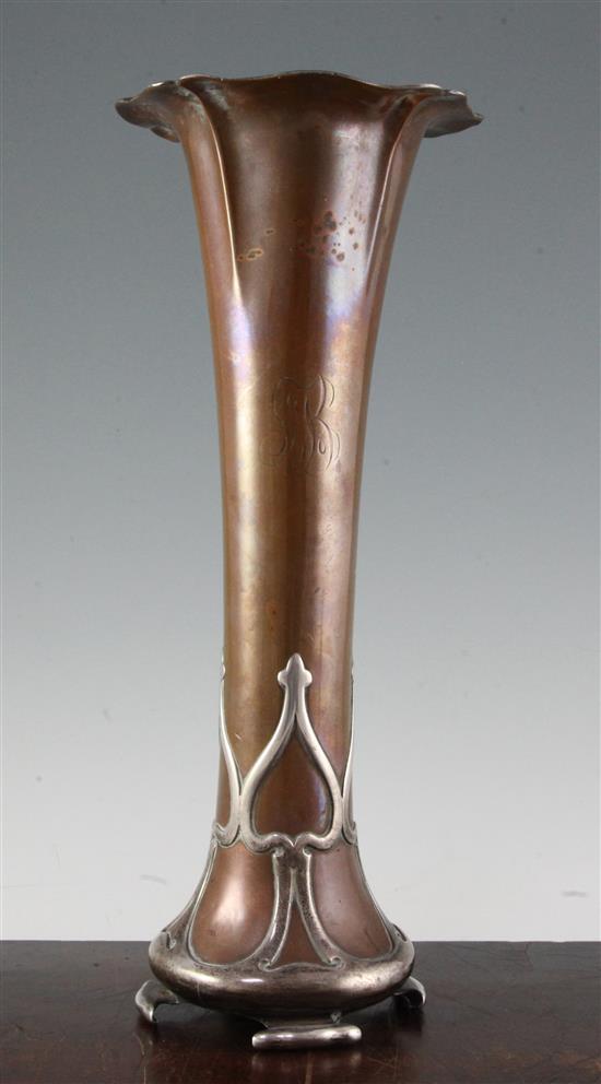 An Art Nouveau Gorham & Co Athenic pattern silver mounted copper vase, 16.5in.